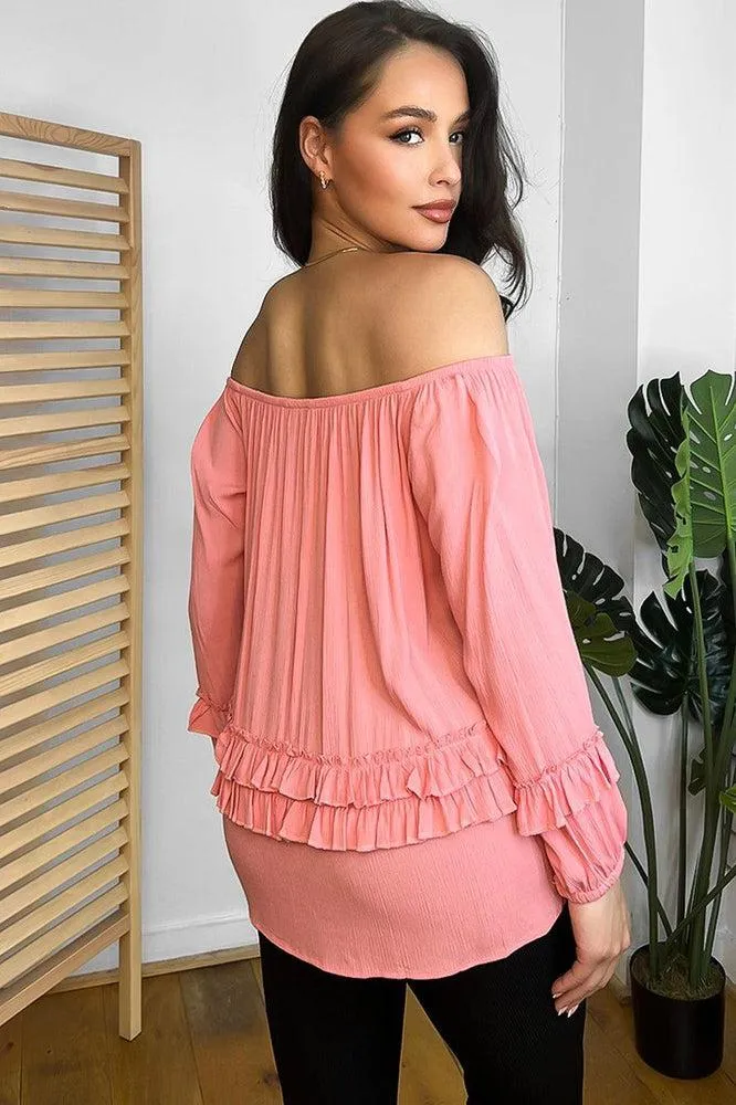 Pink Frilled Details Off Shoulder Blouse