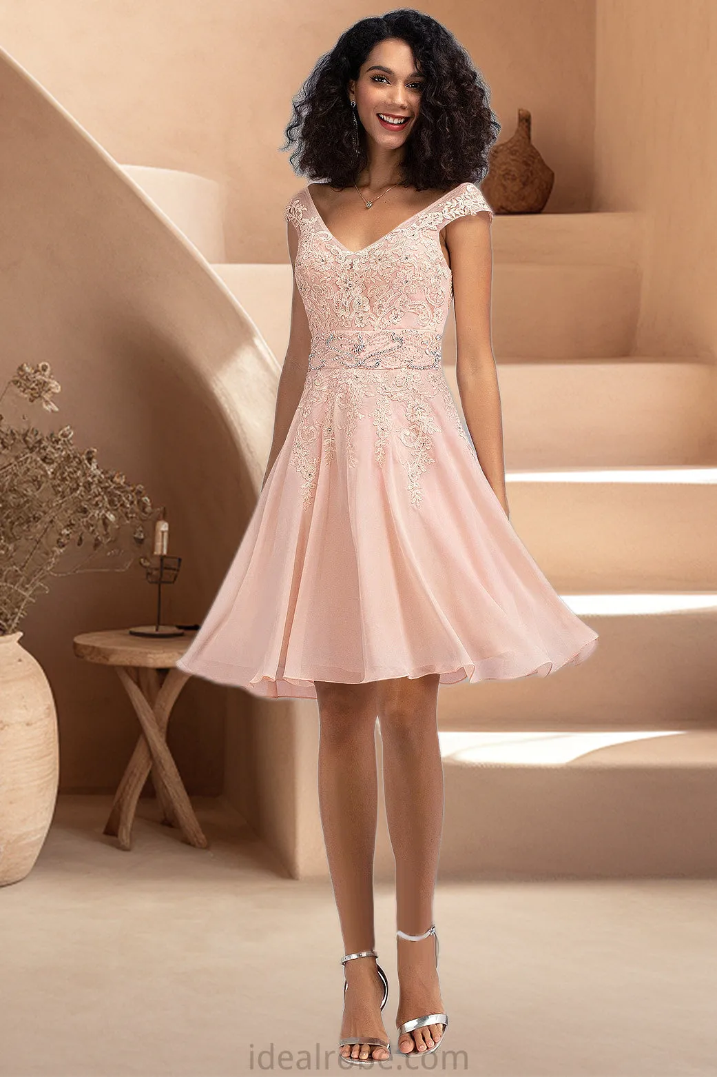 Piper A-line V-Neck Knee-Length Chiffon Lace Homecoming Dress With Beading STKP0020565