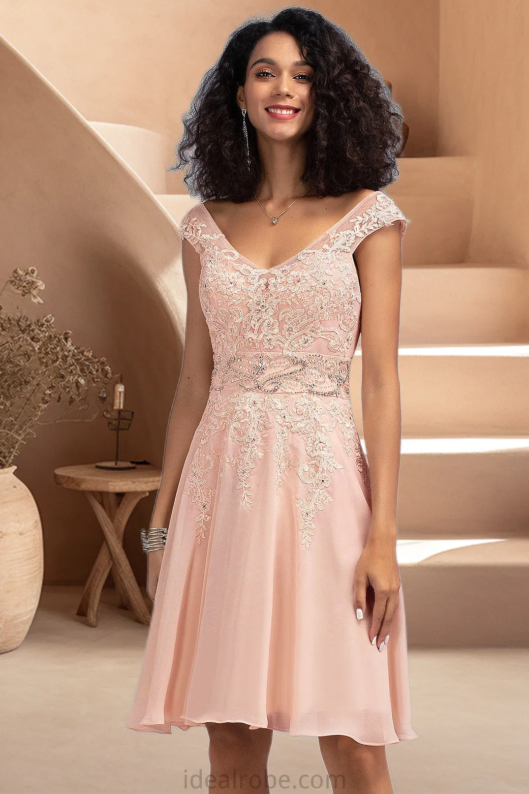 Piper A-line V-Neck Knee-Length Chiffon Lace Homecoming Dress With Beading STKP0020565