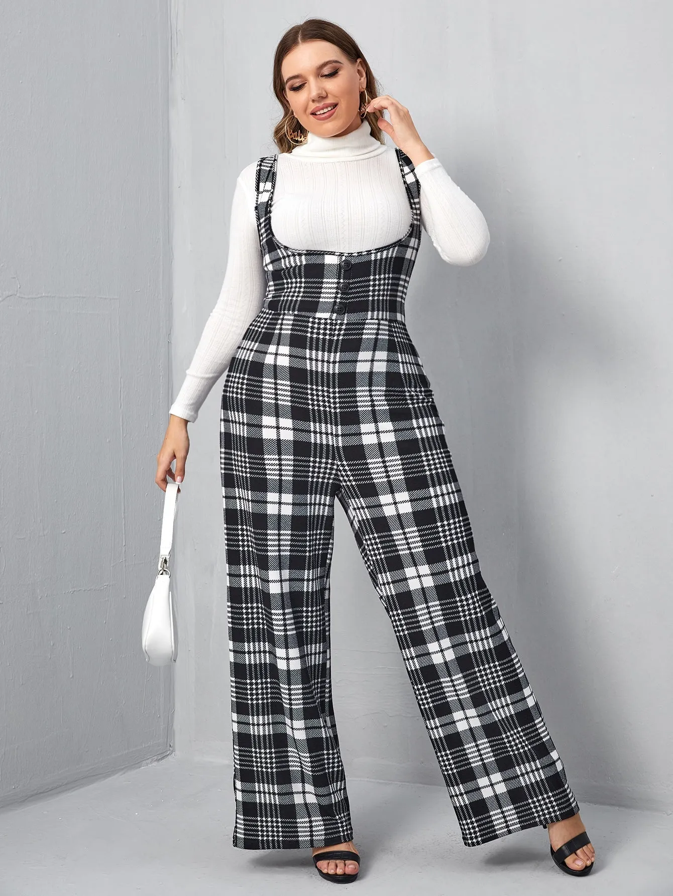 Plus Button Front Plaid Pinafore Jumpsuit Without Top