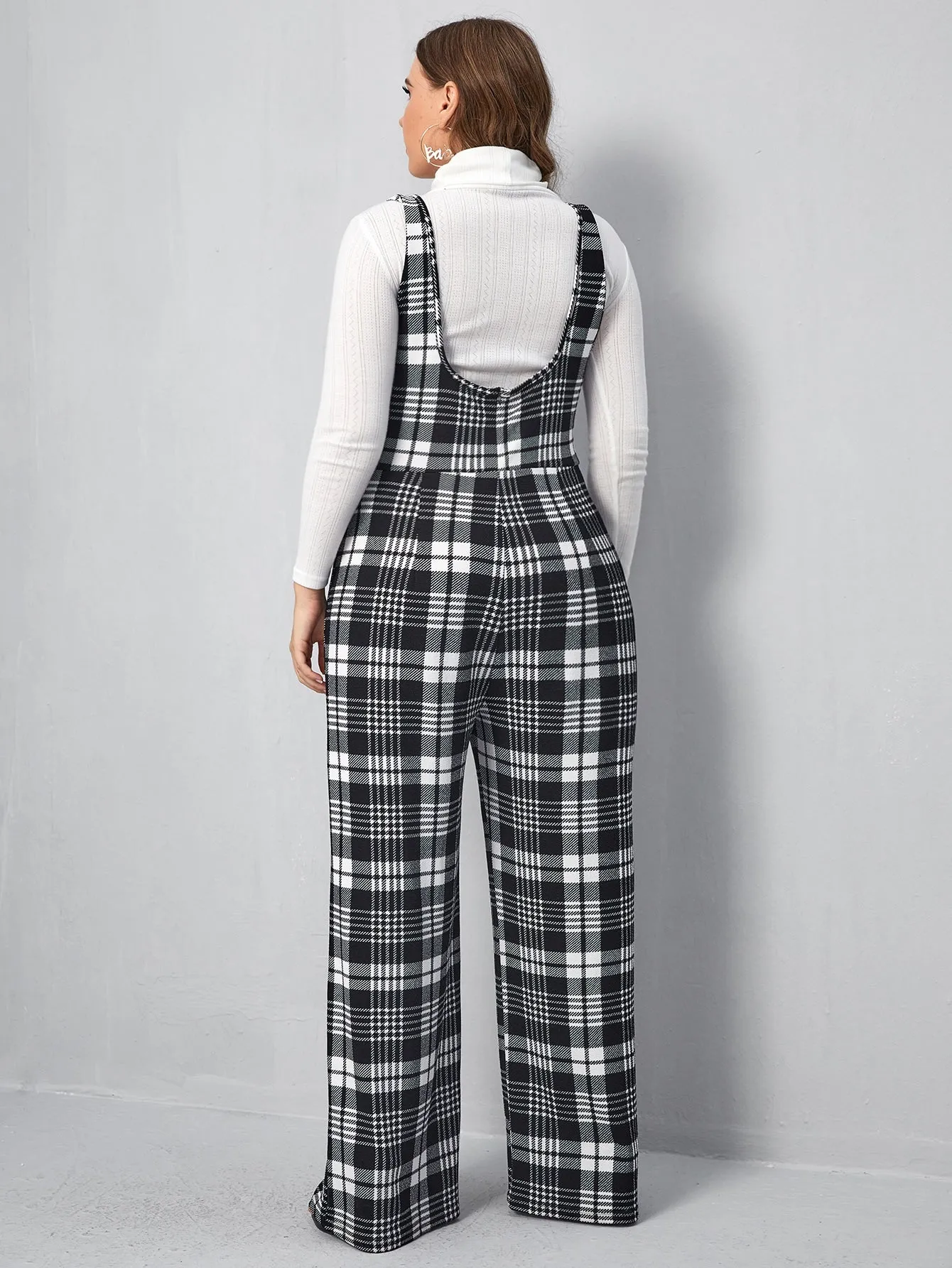 Plus Button Front Plaid Pinafore Jumpsuit Without Top