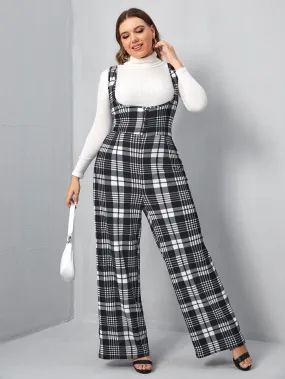 Plus Button Front Plaid Pinafore Jumpsuit Without Top