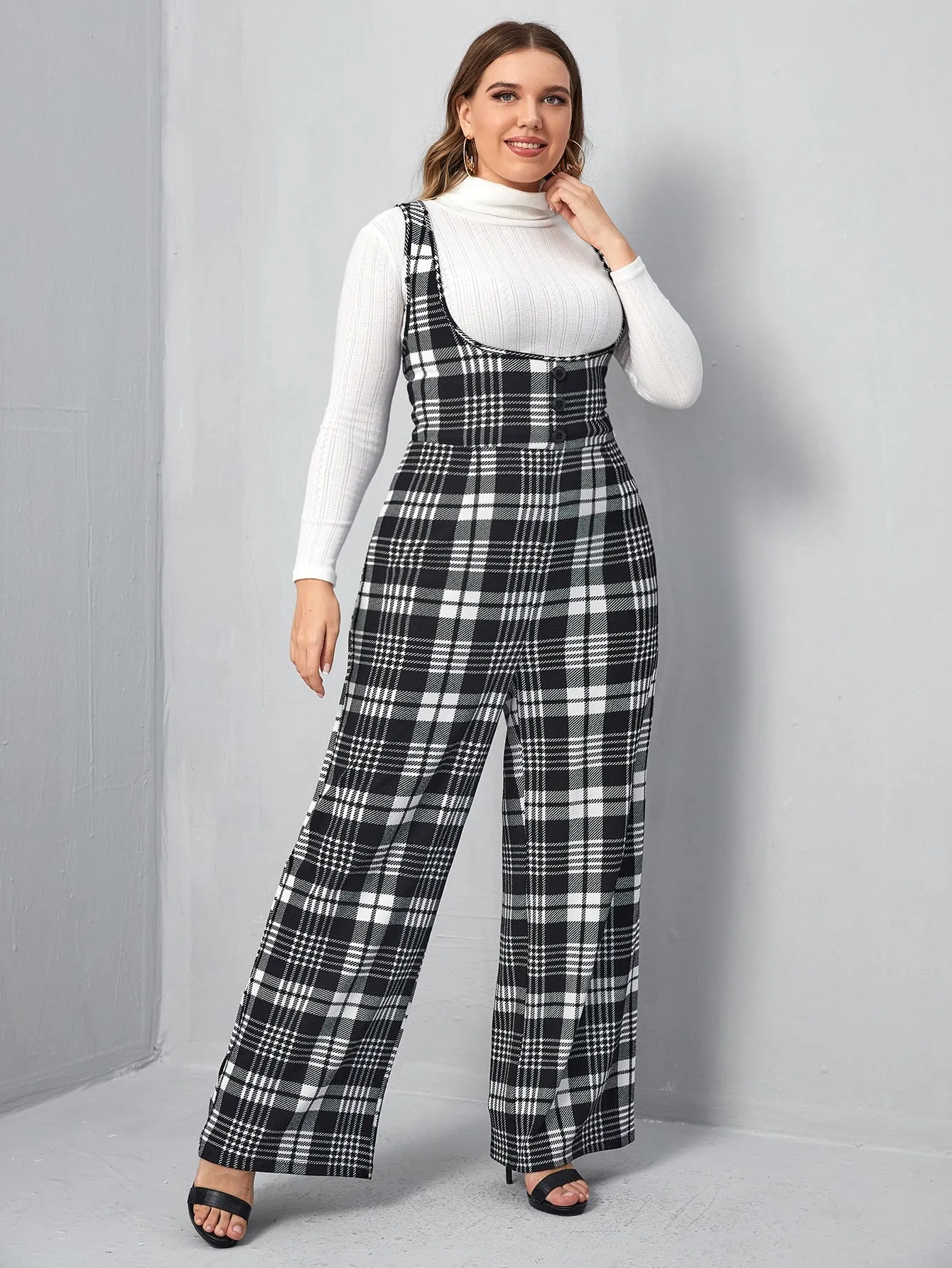 Plus Button Front Plaid Pinafore Jumpsuit Without Top