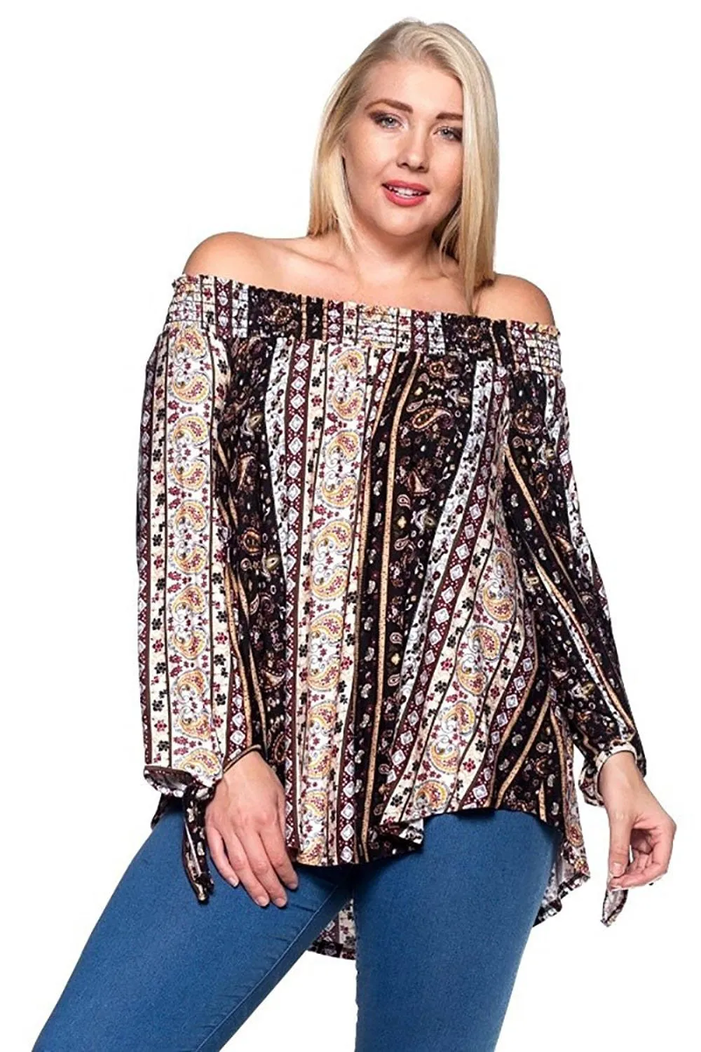 Plus Size Boho Paisley Print Off the Shoulder Fashion Top U.S.A