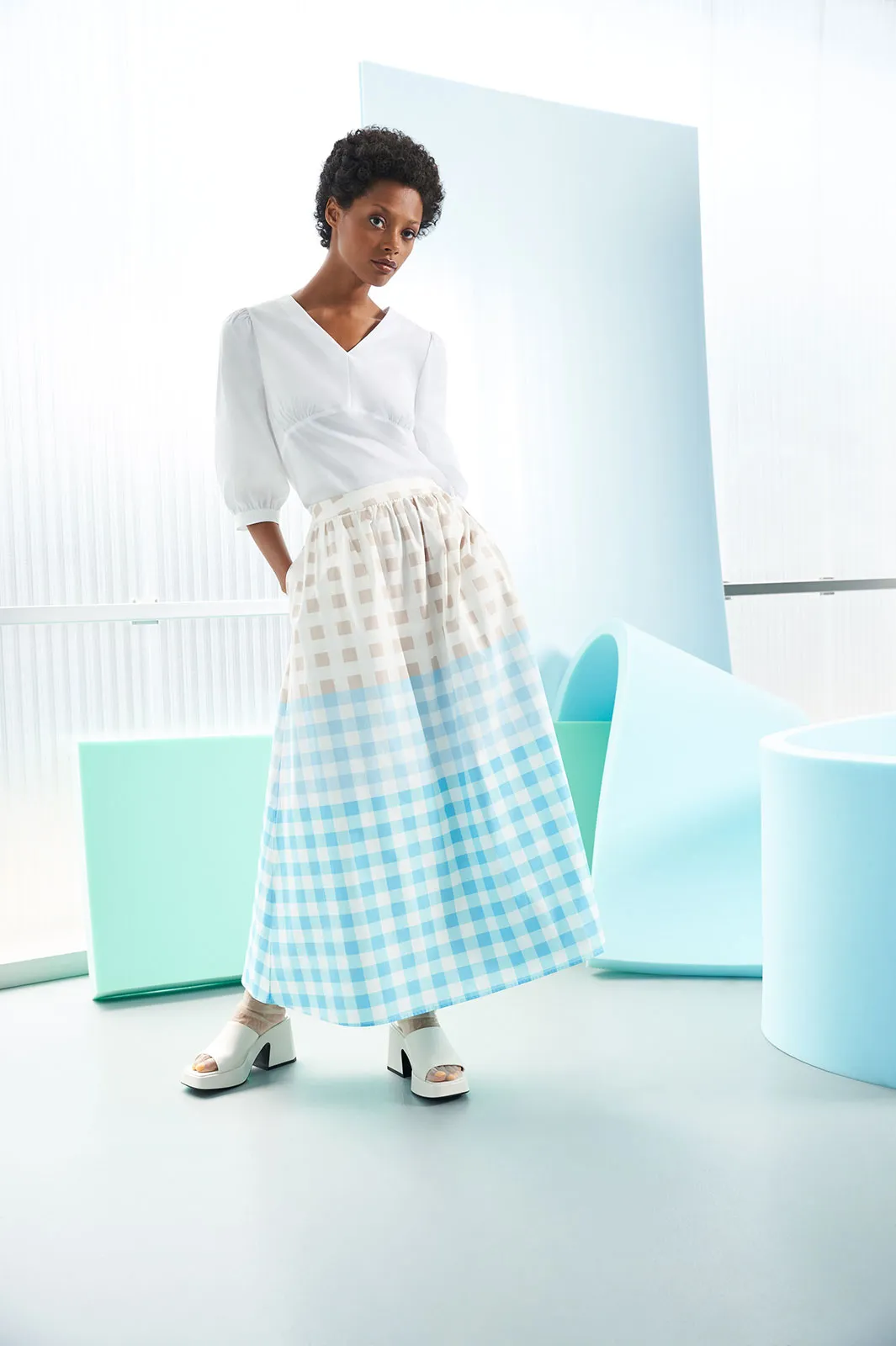 Plus Size Maxi A-Line Skirt - Gingham Cotton Poplin