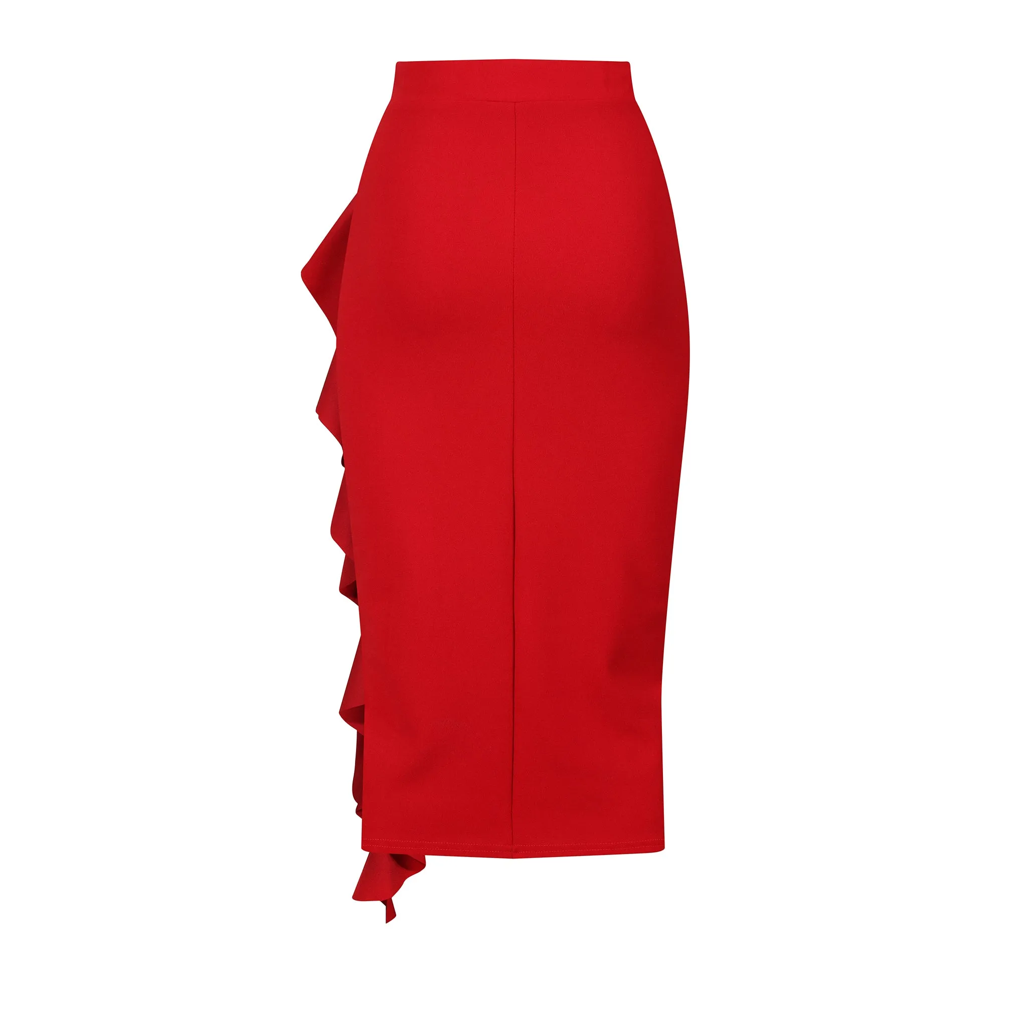 Red Waterfall Ruffle Pencil Skirt