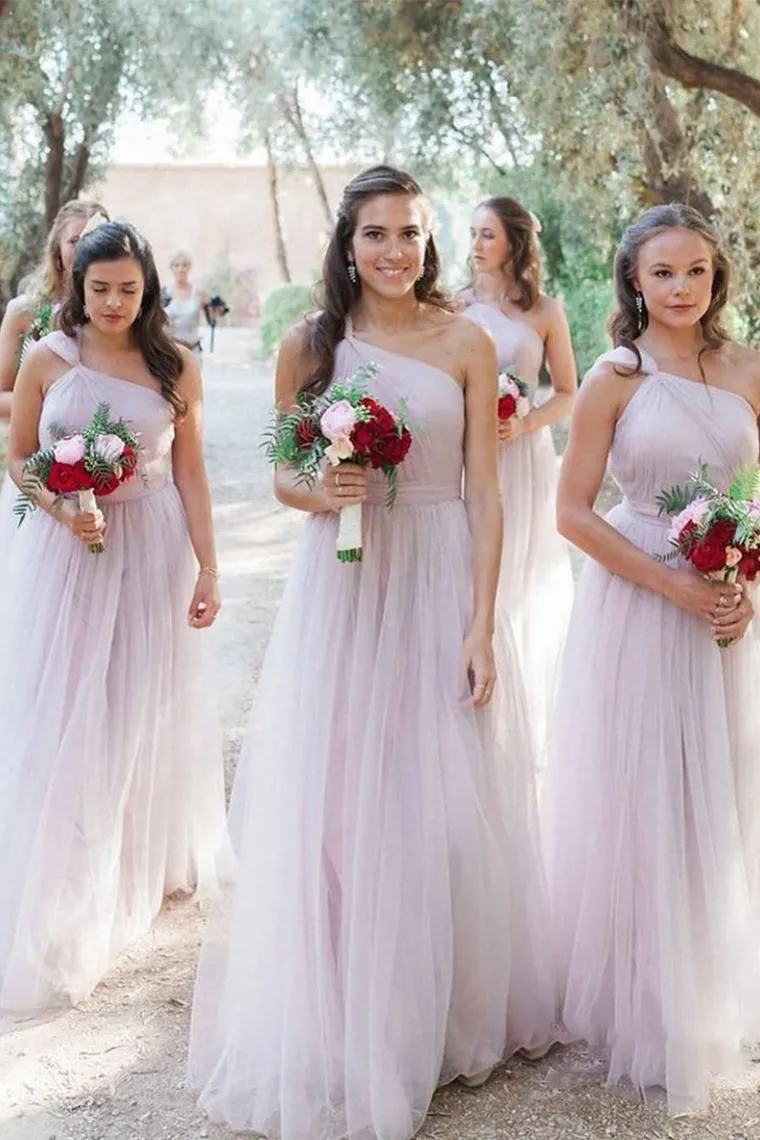 Savanah A-Line/Princess Natural Waist Sleeveless One Shoulder Floor Length Tulle Bridesmaid Dresses