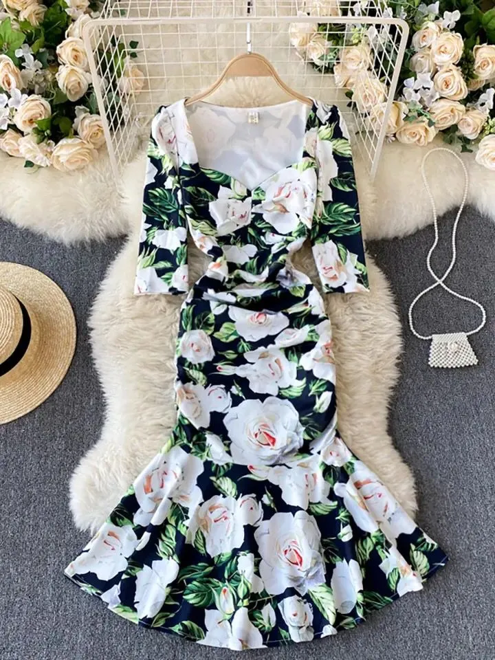 Sexy Low Collar Flower Printed Mermaid Party Dress Women Elegant Square Collar High Waist Bodycon Vestidos Female Spring Autumn S4495854