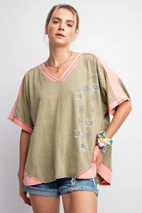 Short Sleeve Star Print Mineral Washed Cotton Slub Top