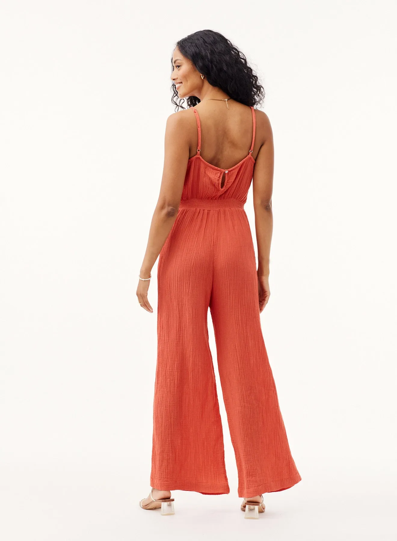 Smocked Back Cami Jumpsuit - Papaya Red