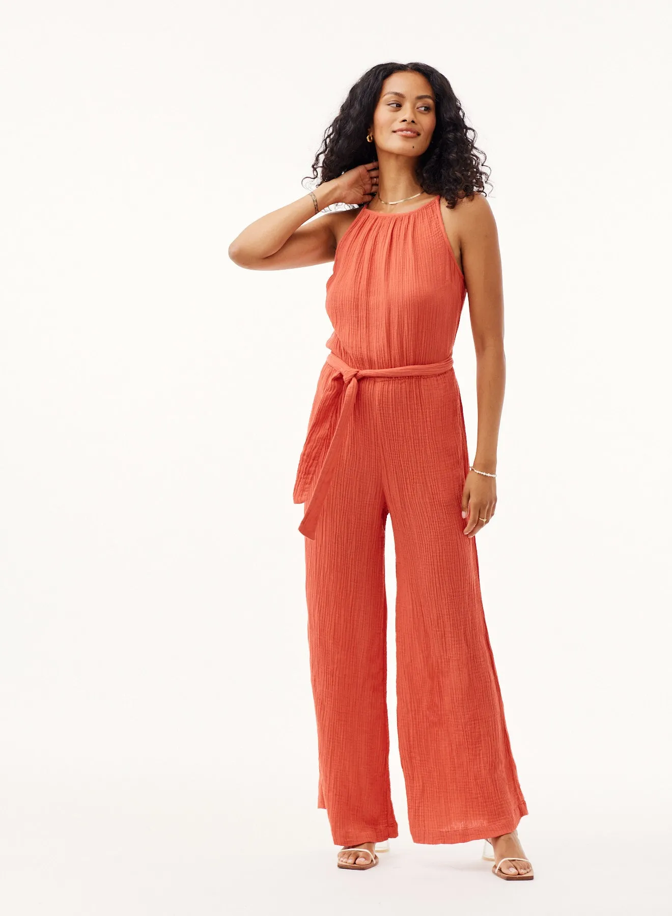 Smocked Back Cami Jumpsuit - Papaya Red