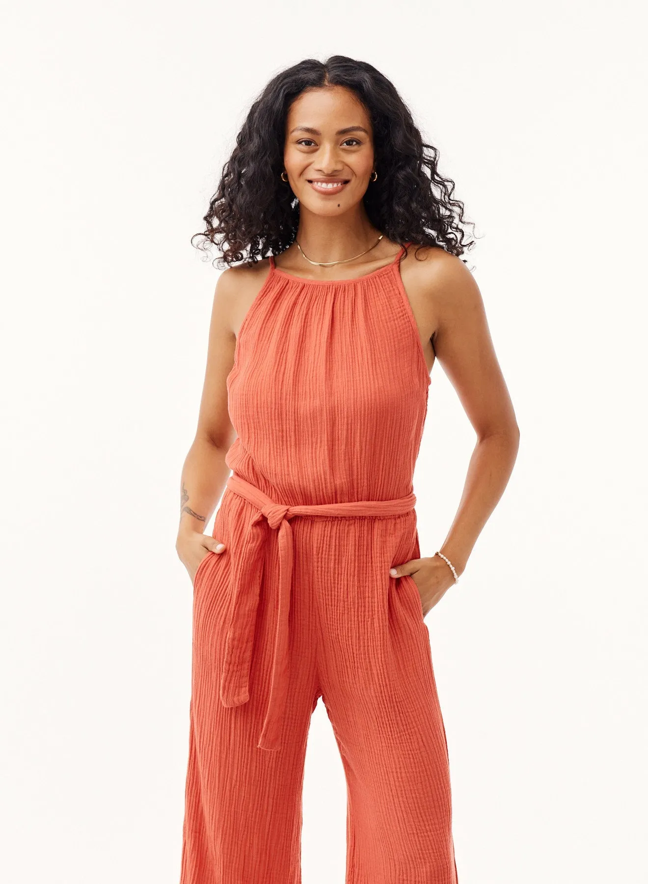 Smocked Back Cami Jumpsuit - Papaya Red