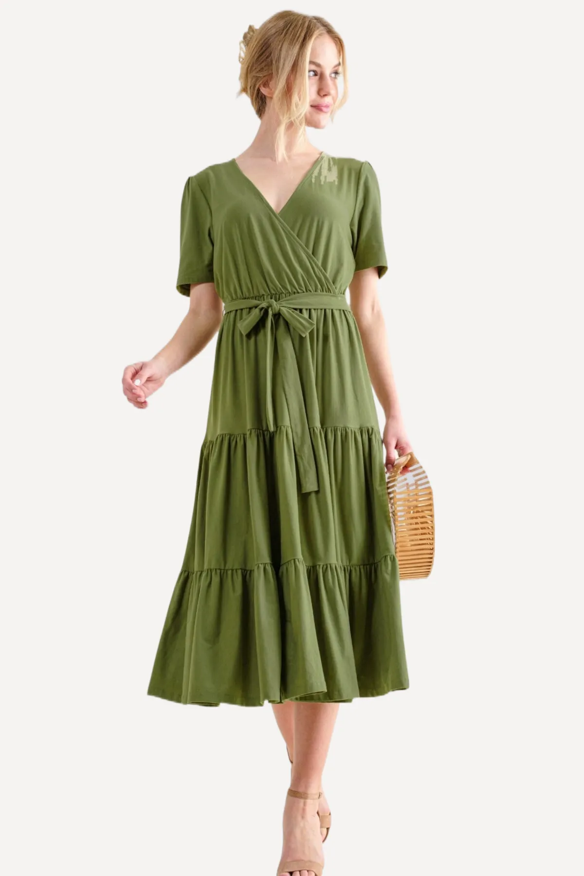 Soft Short Sleeve Tiered Midi Dress - Green