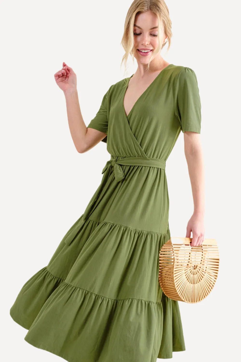 Soft Short Sleeve Tiered Midi Dress - Green