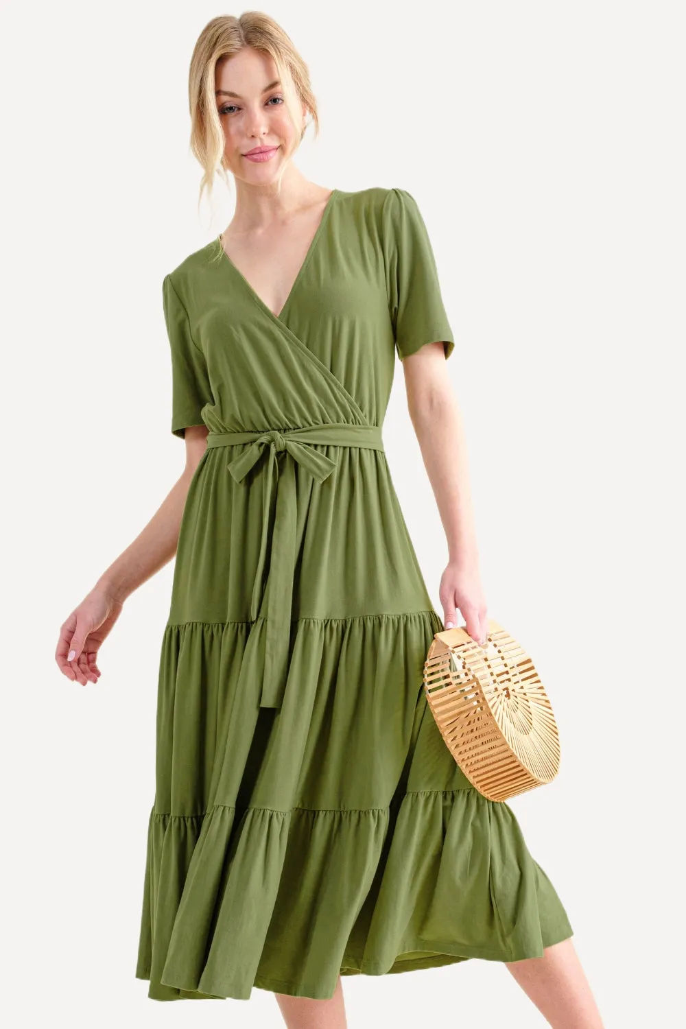 Soft Short Sleeve Tiered Midi Dress - Green