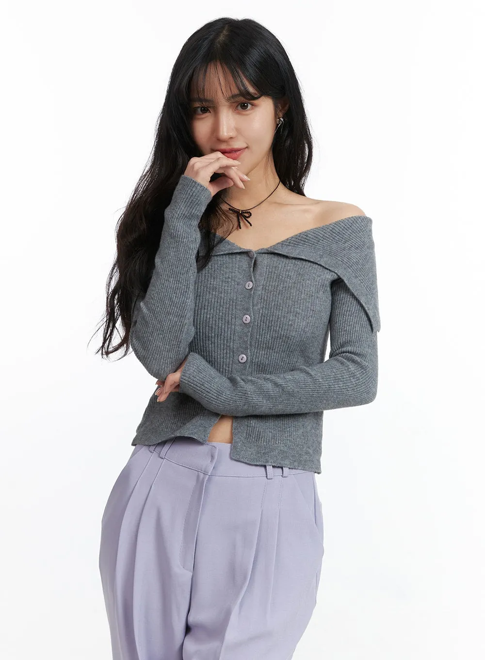 Solid Button-Up Collar Knit Cardigan OJ425