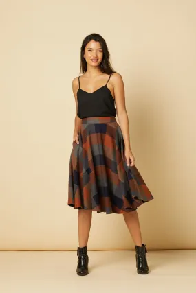 Sophie Rust Woollen Check Tartan Midi Swing Skirt