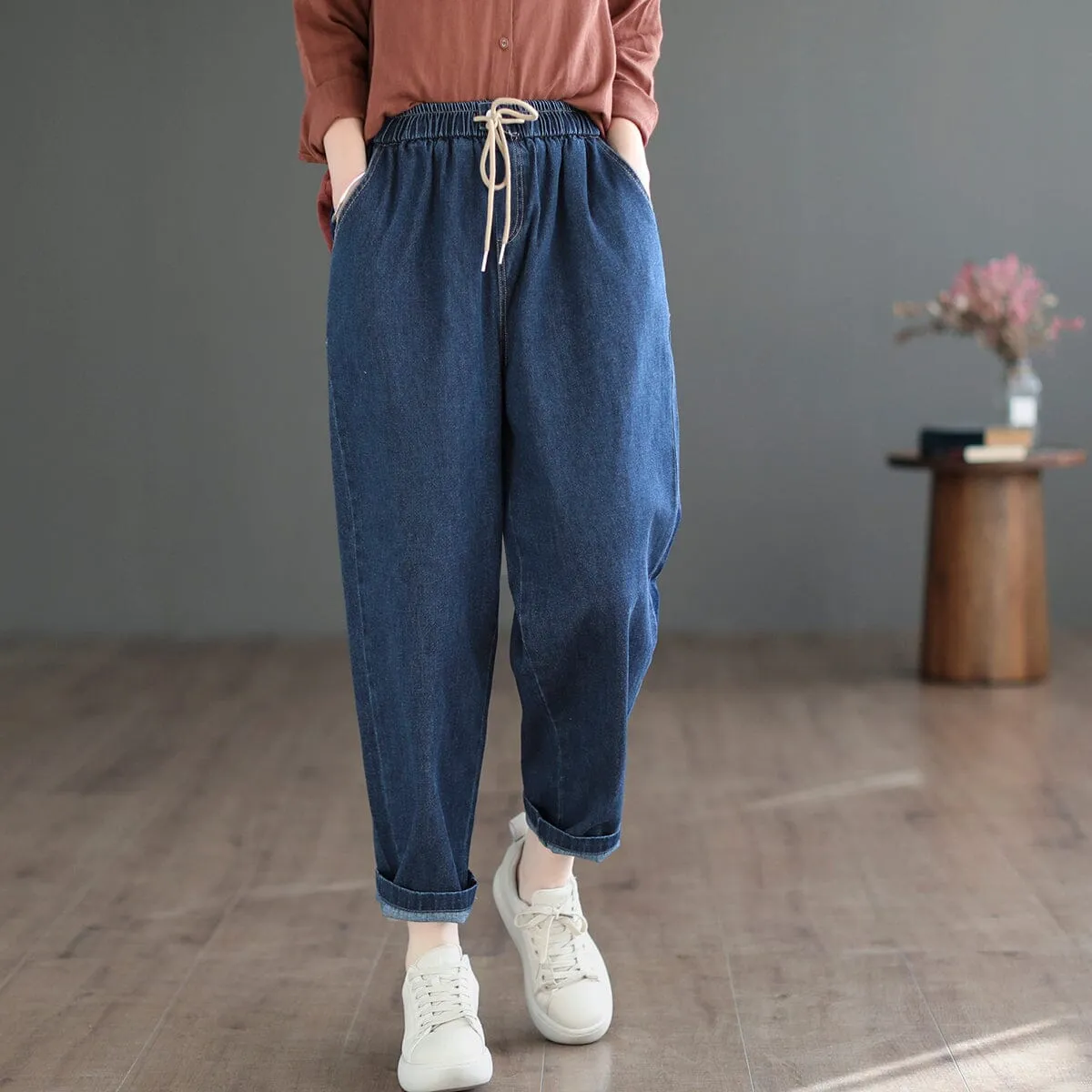 Spring Casual Solid Loose Harem Cotton Jeans