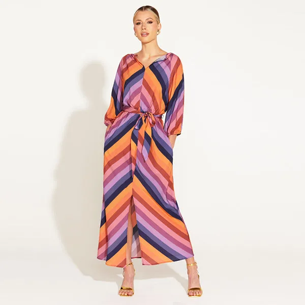 Sunset Dream Tie Waist Midi Dress - Sunset Stripe