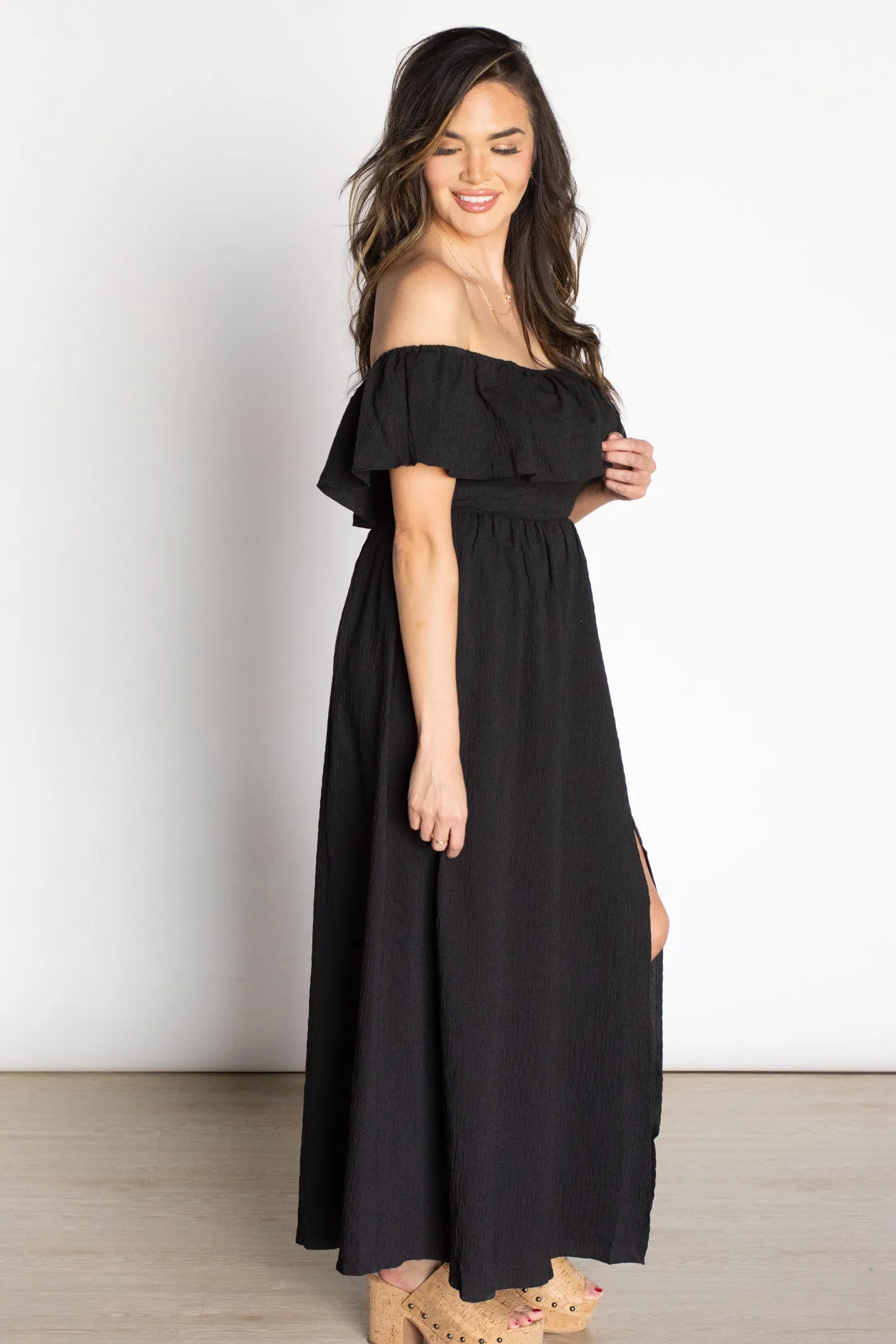 Sunshine Babe Black Off the Shoulder Dress