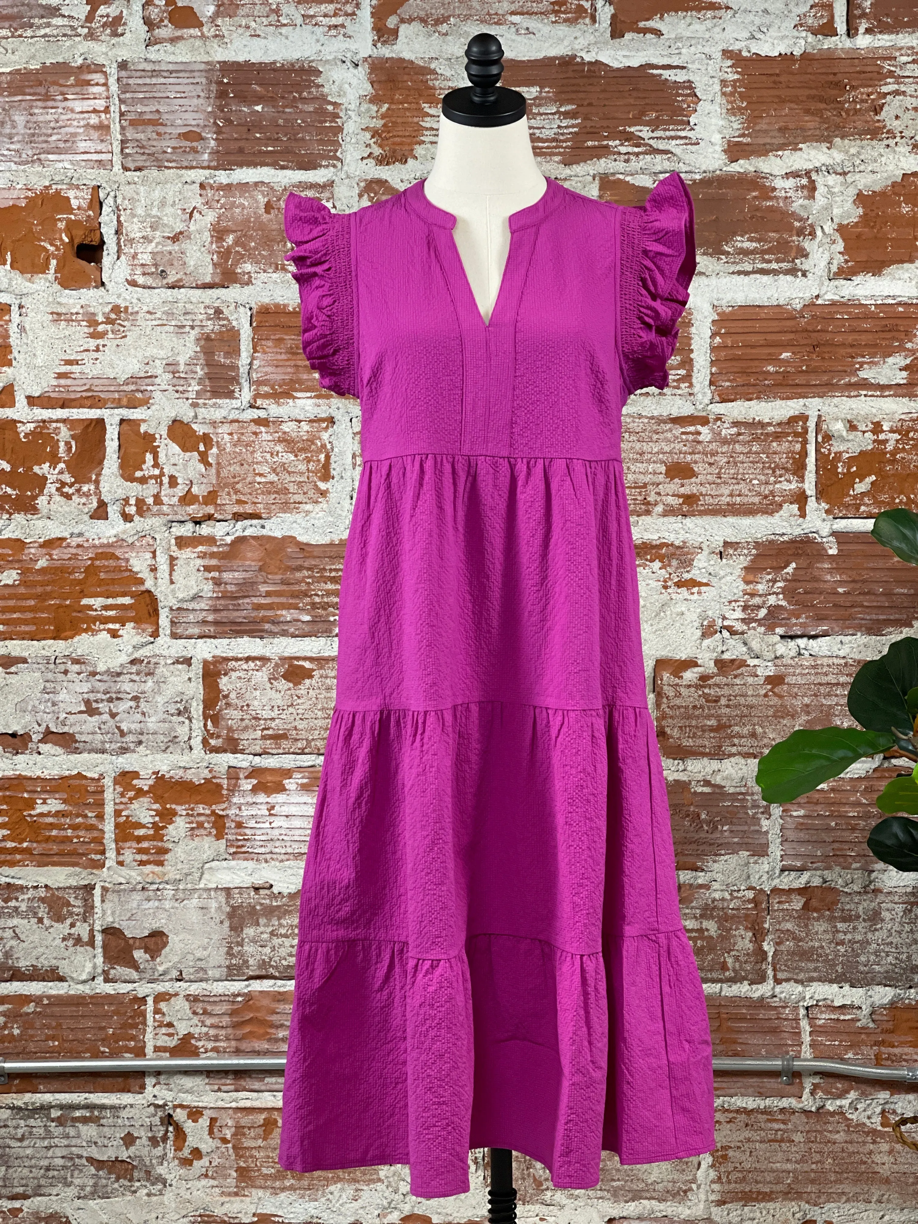 THML Ruffle Sleeve Tiered Dress in Fuchsia