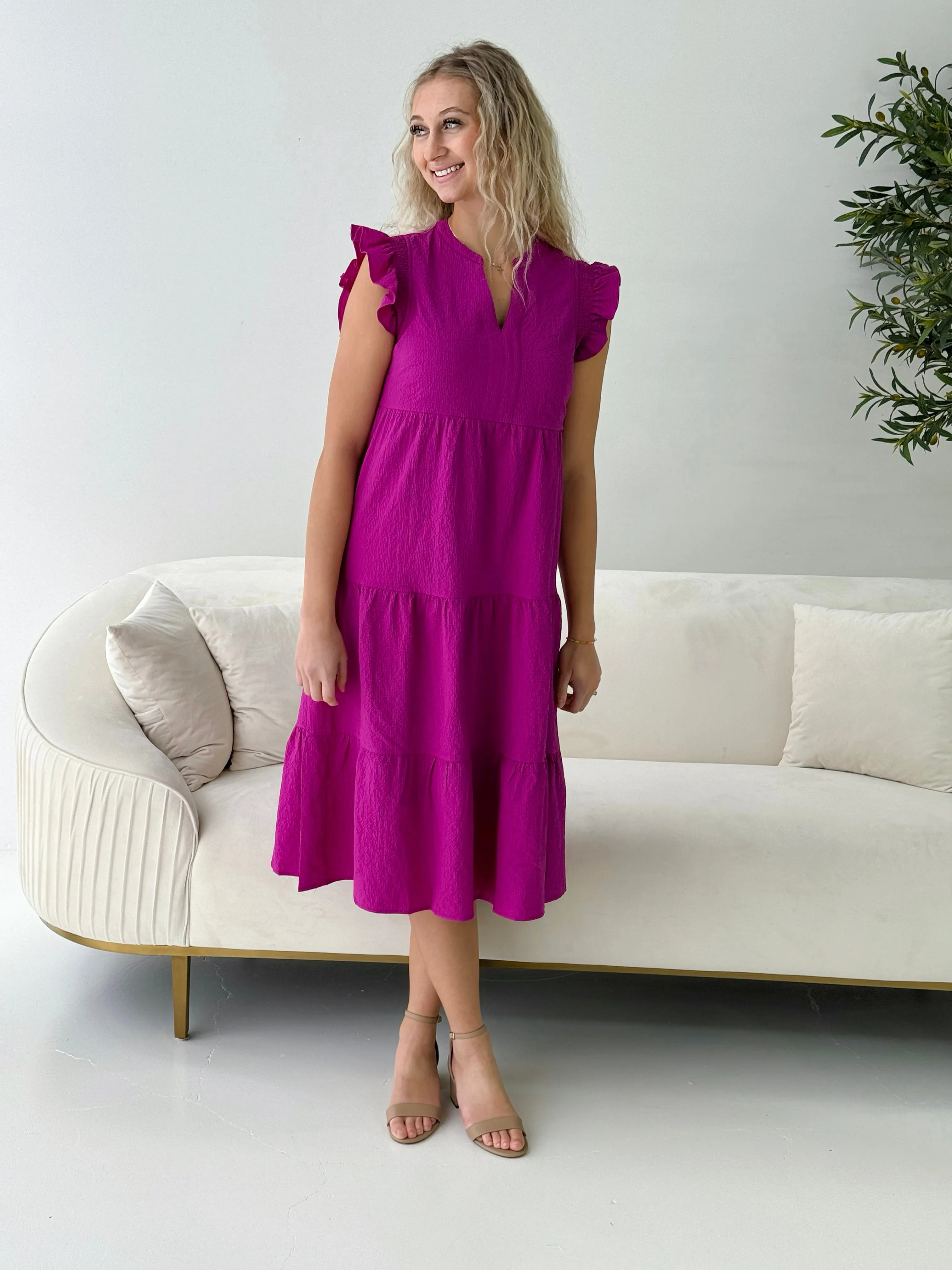 THML Ruffle Sleeve Tiered Dress in Fuchsia