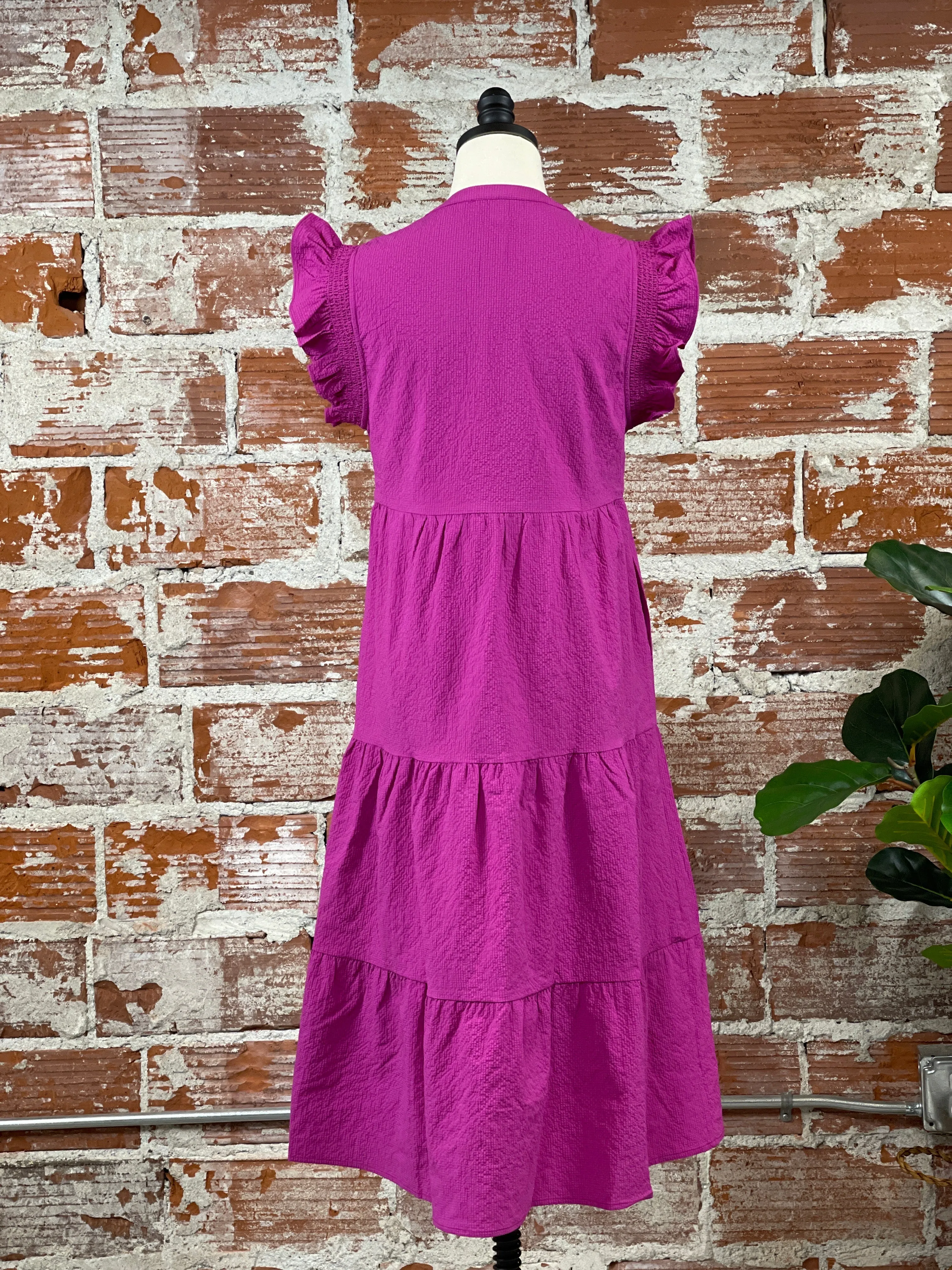 THML Ruffle Sleeve Tiered Dress in Fuchsia