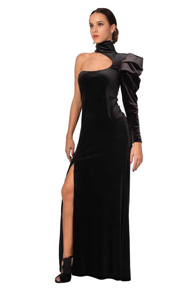 Turtle Neck One-Sleeve Velvet Evening Dress