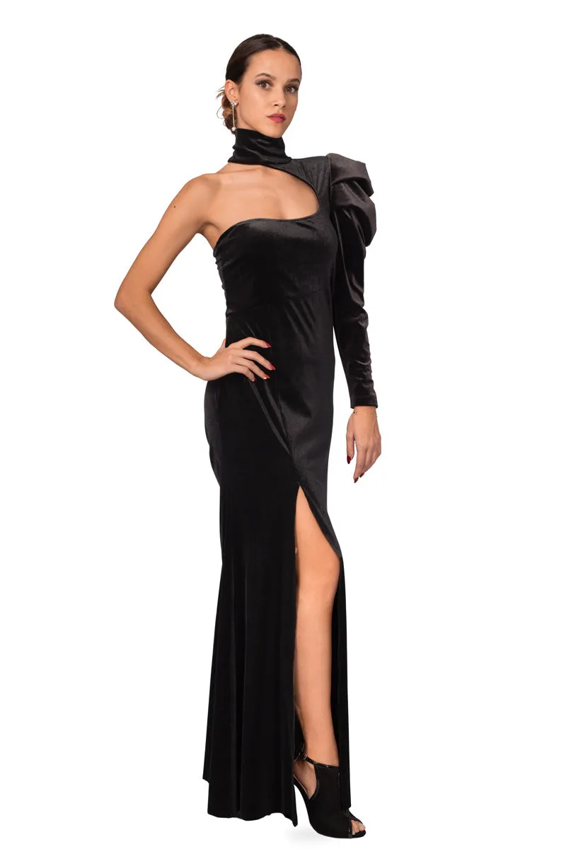 Turtle Neck One-Sleeve Velvet Evening Dress