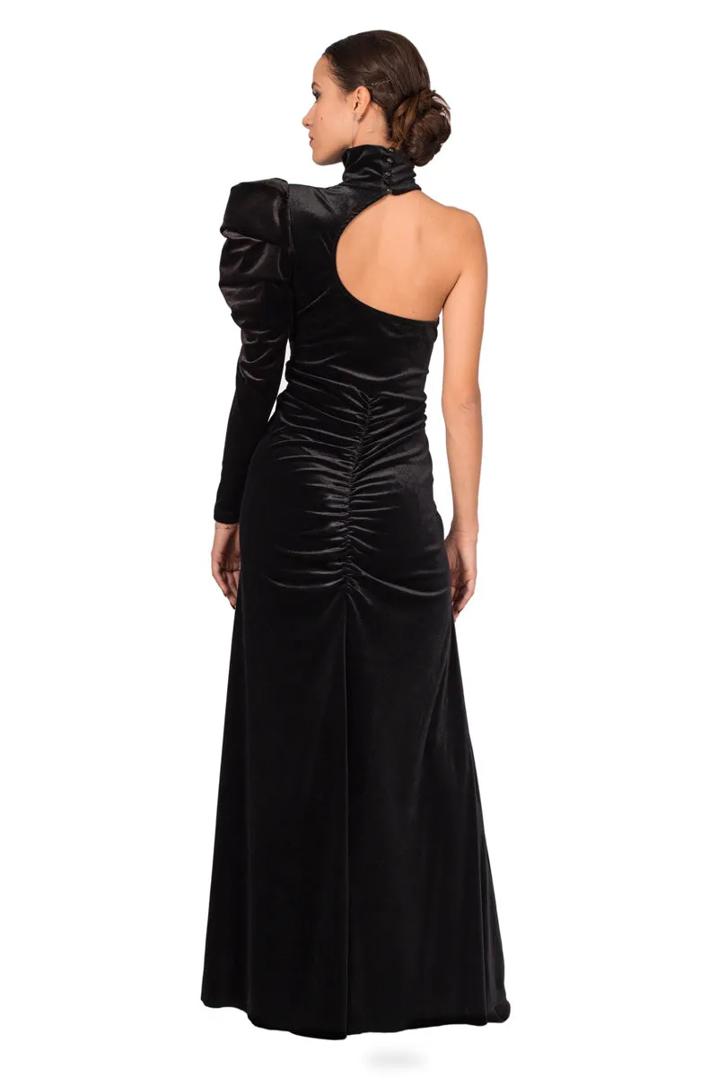 Turtle Neck One-Sleeve Velvet Evening Dress