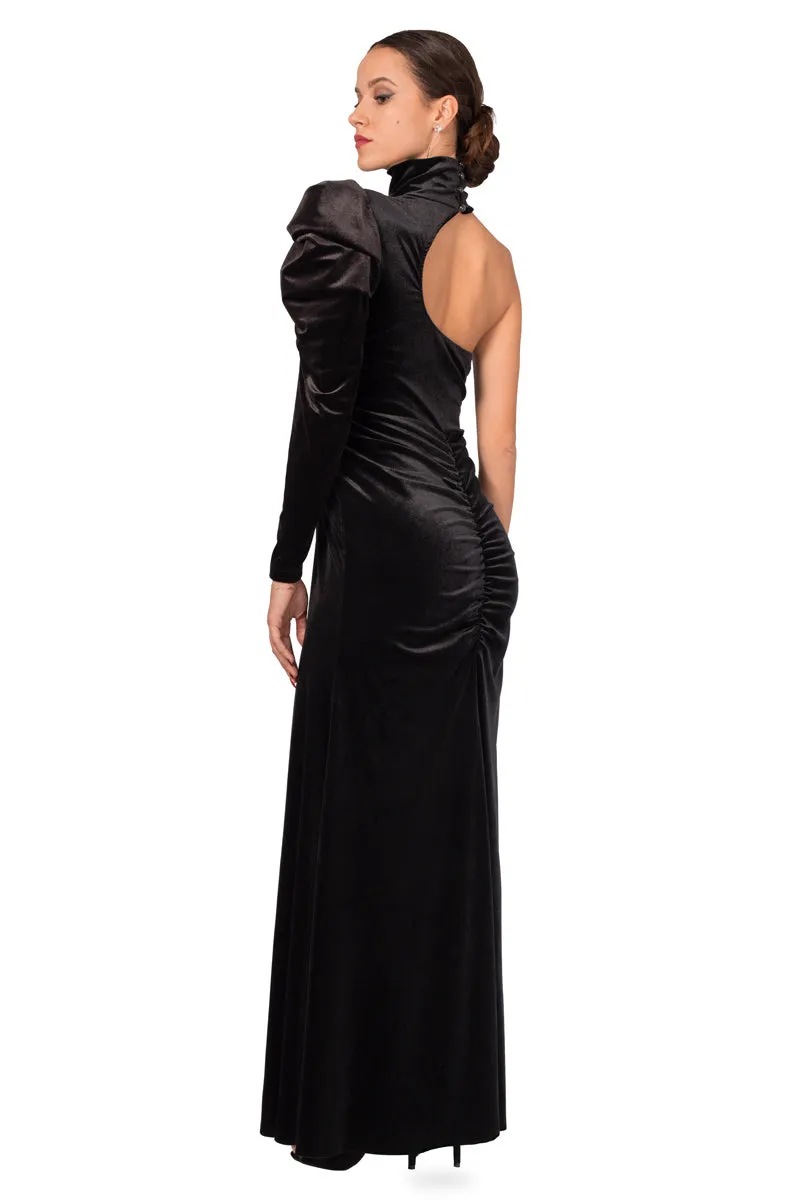 Turtle Neck One-Sleeve Velvet Evening Dress