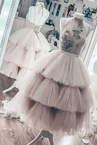 Unique Short Layered Tulle High Neck Backless Short Prom Dress Homecoming Dresses