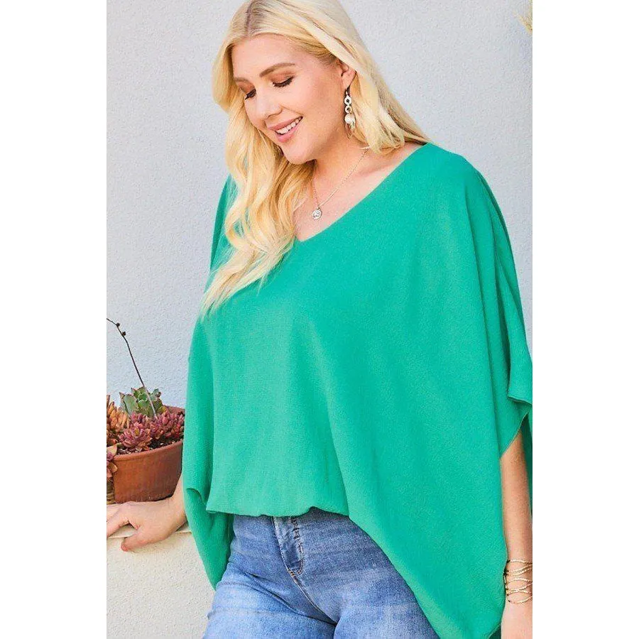 V Neck Dolman Sleeves Front Waist Elastic Solid Top