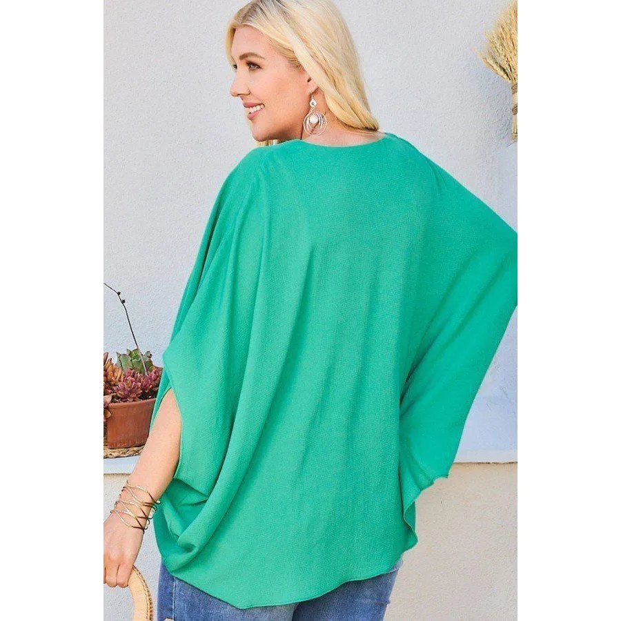 V Neck Dolman Sleeves Front Waist Elastic Solid Top