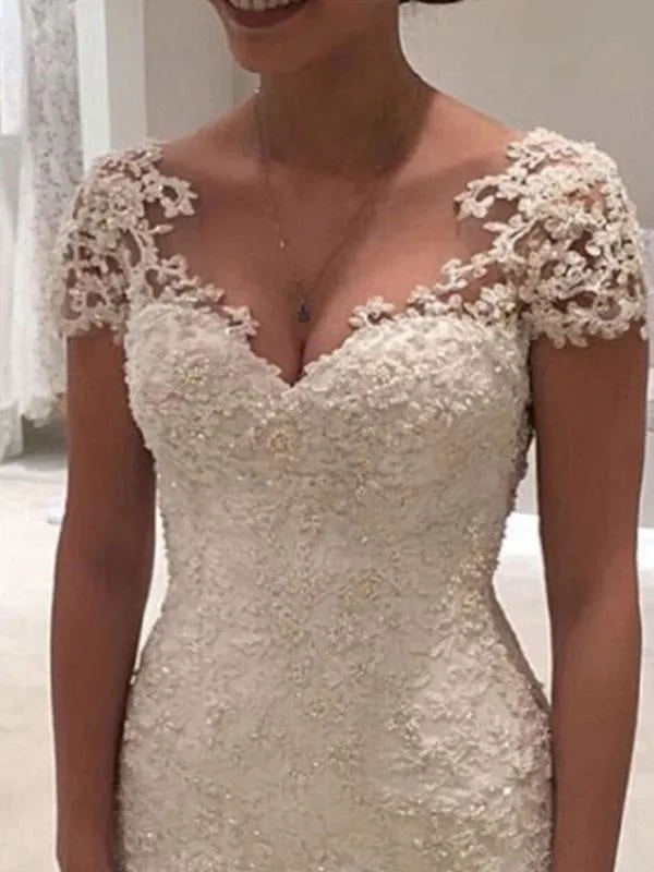 Wedding Dresses 2021 V Neck Short Sleeve Sheath Deep V Backless Lace Beaded Bridal Gowns With Train