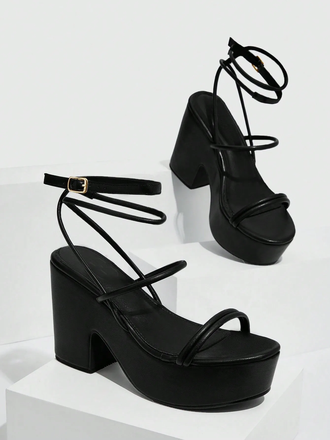 Women Minimalist Chunky Heeled Strappy Sandals, Fashion Black Sandals