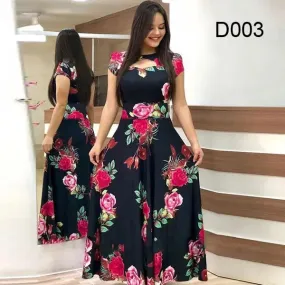 Women Short Sleeve Hollow Out O-neck Long Dress Summer Elegant Floral Printed High Waist Elastic Elegant Boho Robe Maxi Vestidos X3260144