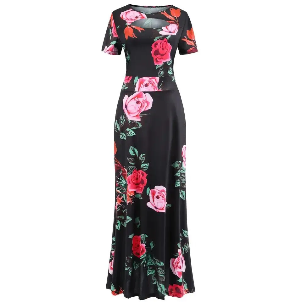 Women Short Sleeve Hollow Out O-neck Long Dress Summer Elegant Floral Printed High Waist Elastic Elegant Boho Robe Maxi Vestidos X3260144