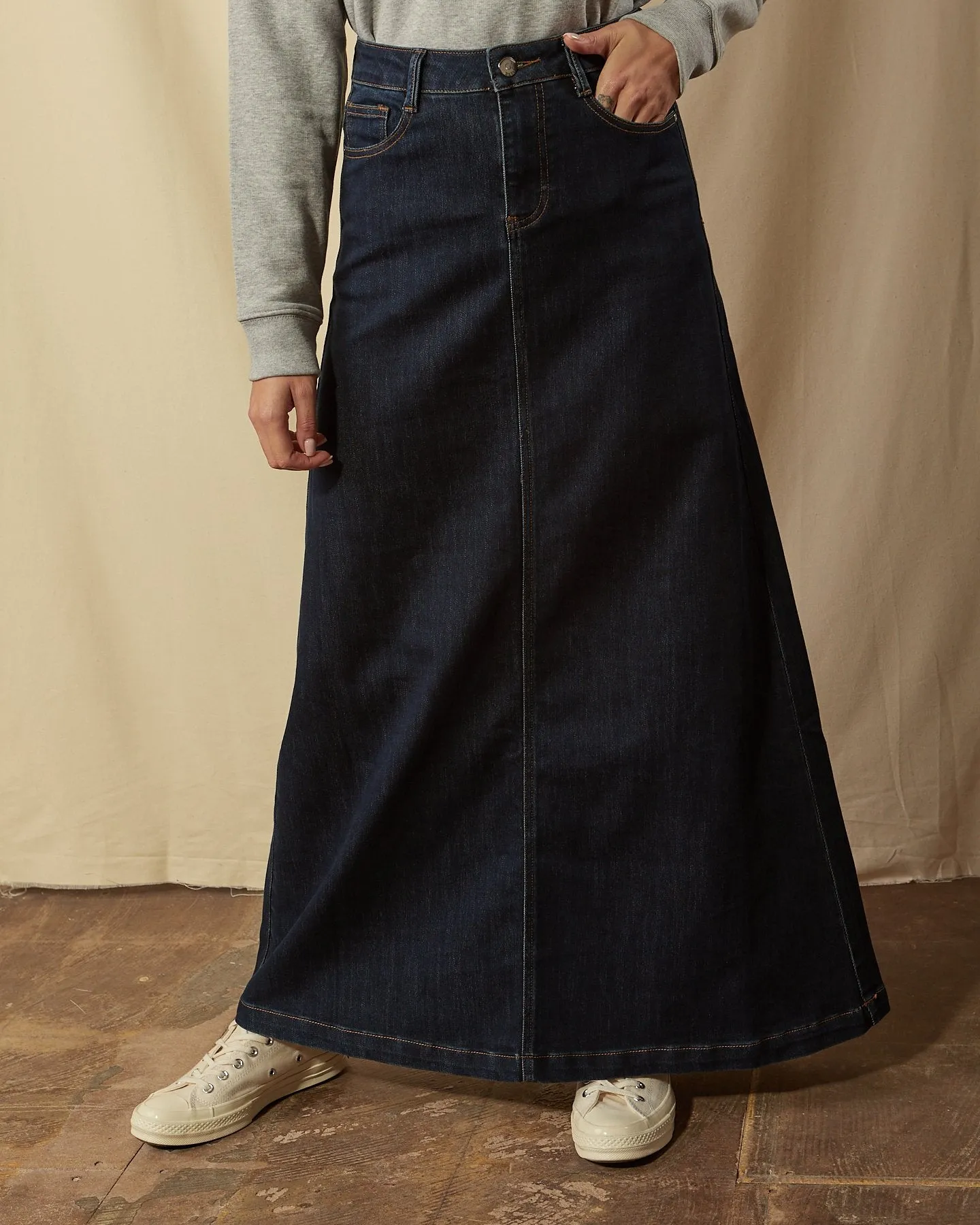 Womens Long Denim Skirt - Indigo