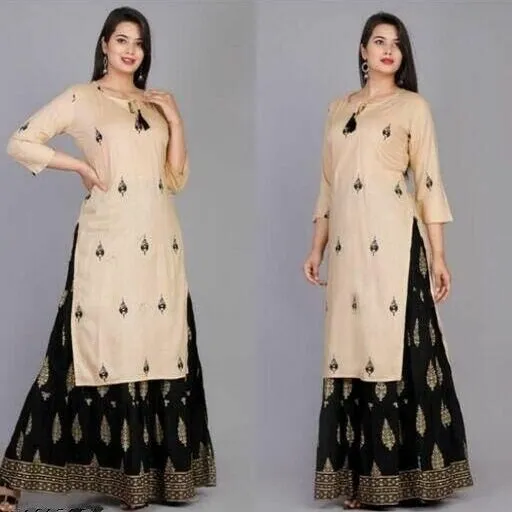 Women's Printed Plus Size Rayon Kurta with Skirt Set