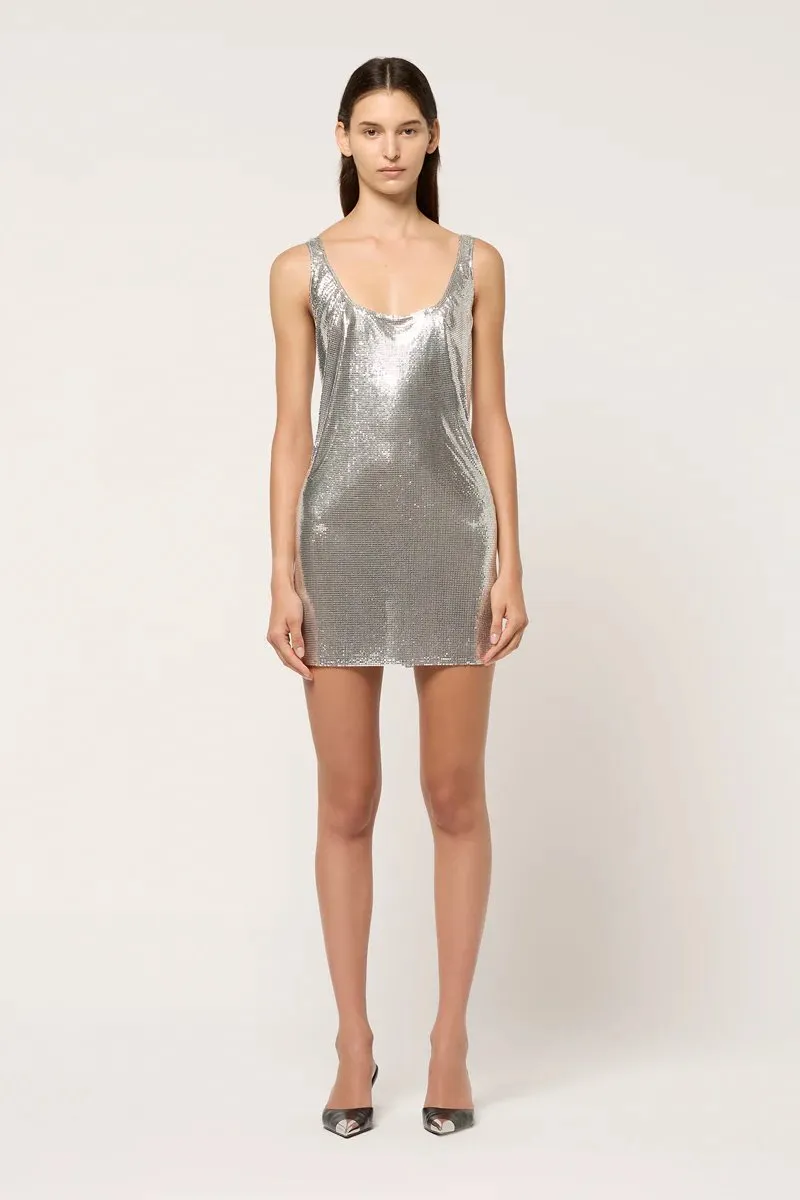 WOMENS SCOOP TANK CHAINMAIL DRESS-SILVER