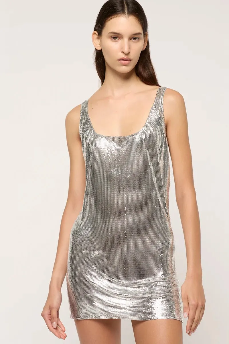 WOMENS SCOOP TANK CHAINMAIL DRESS-SILVER