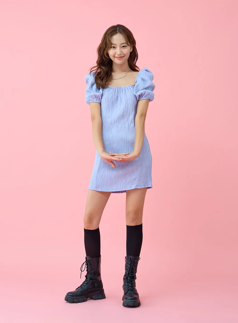 Wrinkle Puff Off Shoulder Mini Dress BU1507