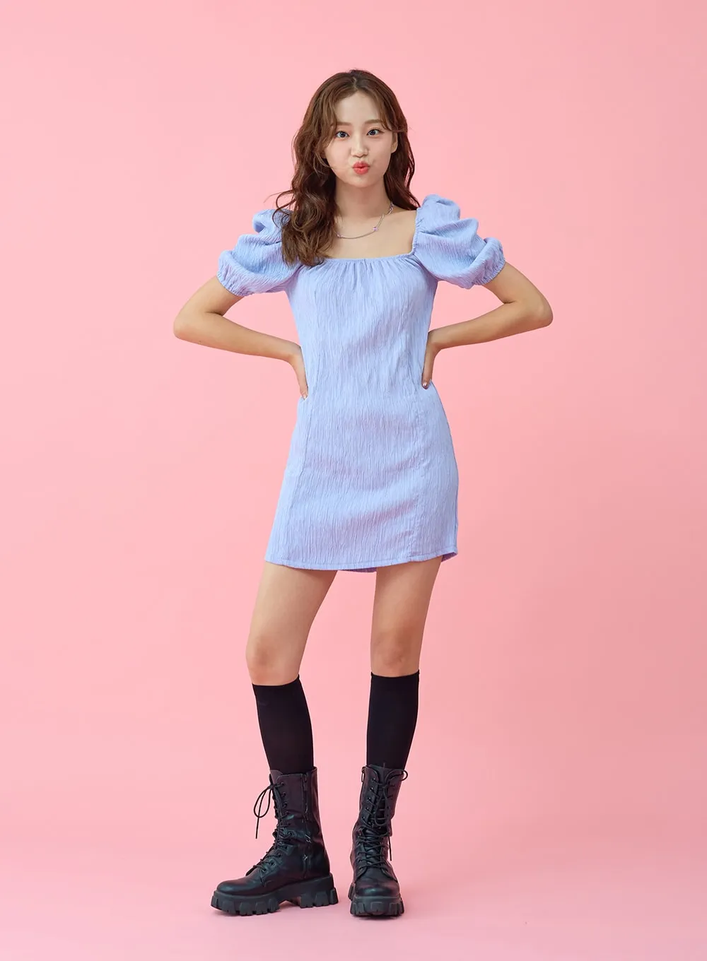 Wrinkle Puff Off Shoulder Mini Dress BU1507